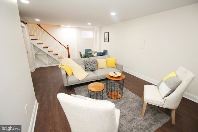 living room featuring dark wood-type flooring