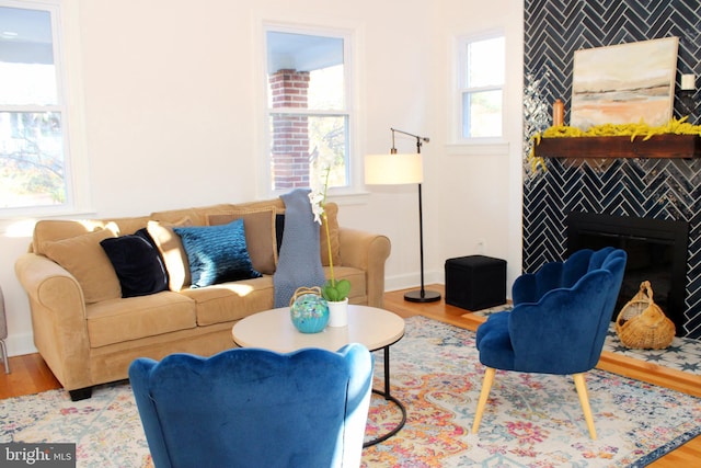 living room with a fireplace and hardwood / wood-style floors