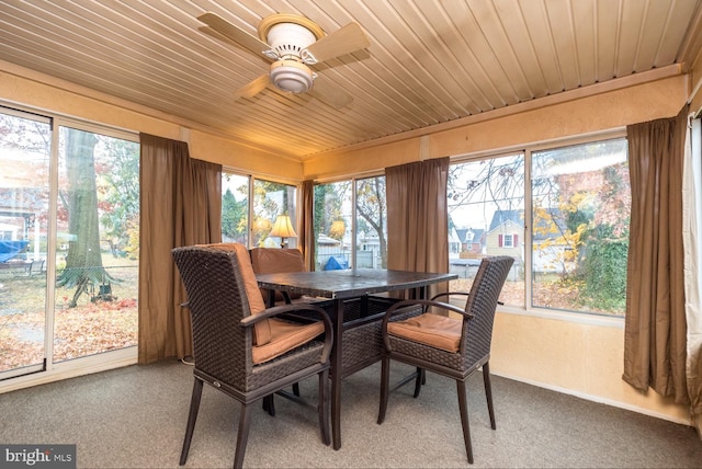 sunroom / solarium with ceiling fan and wooden ceiling