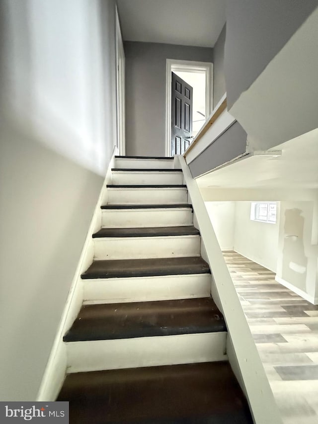 staircase with wood-type flooring