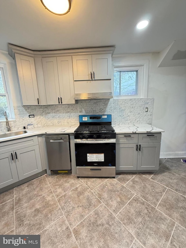 kitchen featuring decorative backsplash, stainless steel appliances, plenty of natural light, and sink