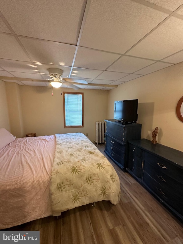 bedroom featuring hardwood / wood-style flooring, ceiling fan, a paneled ceiling, and radiator heating unit