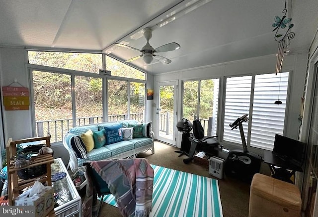 sunroom with ceiling fan, plenty of natural light, and lofted ceiling