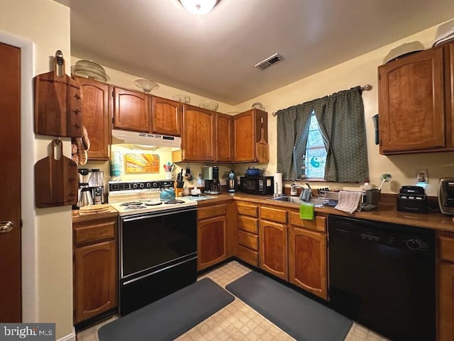 kitchen featuring dishwasher, white electric stove, and sink