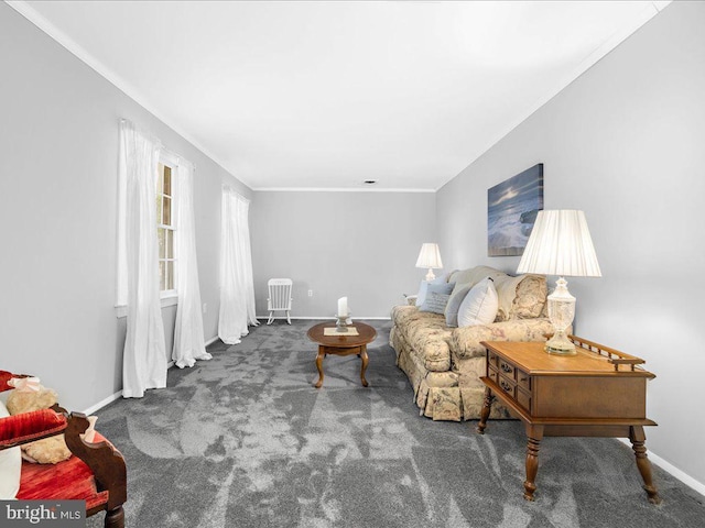 living room with dark colored carpet and ornamental molding