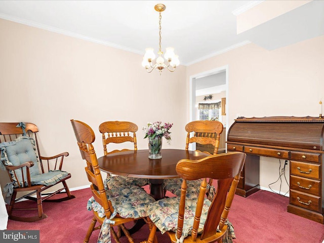 dining room with carpet, crown molding, and a chandelier