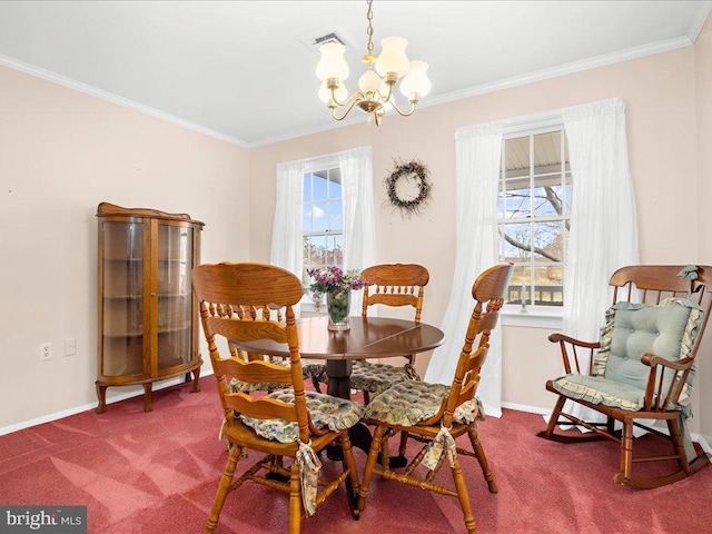 carpeted dining area with ornamental molding, a wealth of natural light, and a notable chandelier