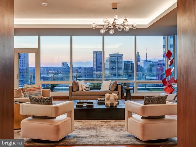 living room with a chandelier