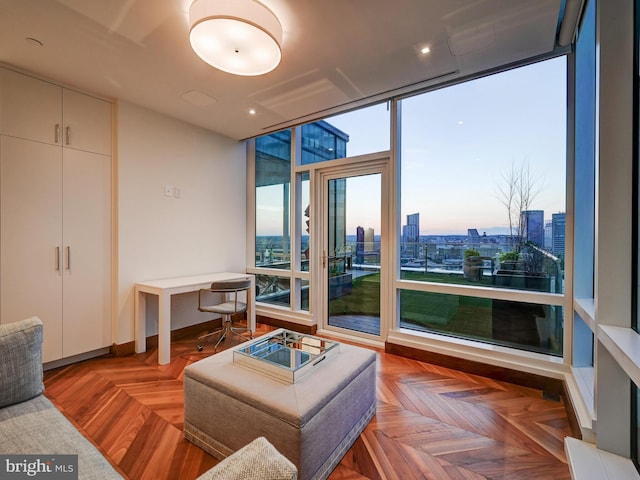 interior space with dark parquet flooring