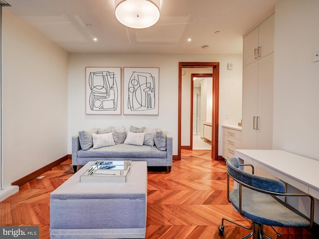 living room featuring light parquet flooring