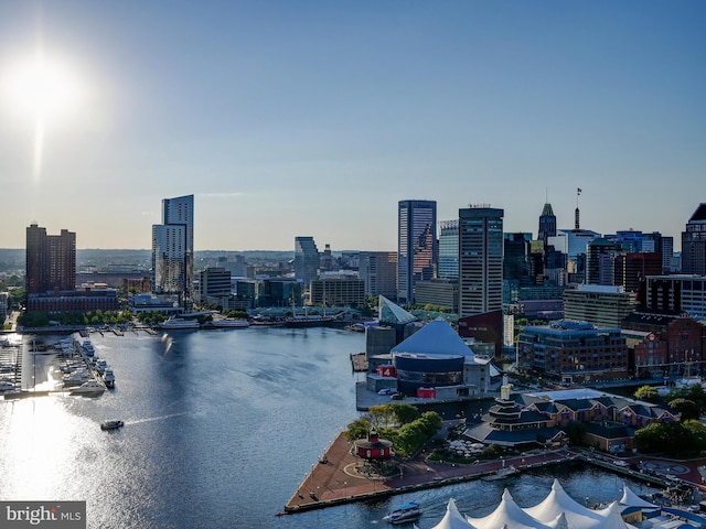 property's view of city featuring a water view