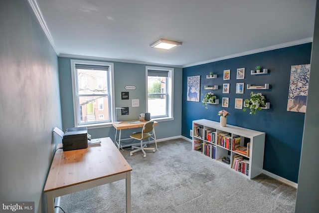 office area featuring carpet flooring and crown molding