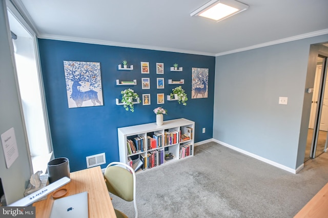 game room featuring carpet and ornamental molding