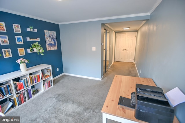 interior space featuring carpet floors and ornamental molding