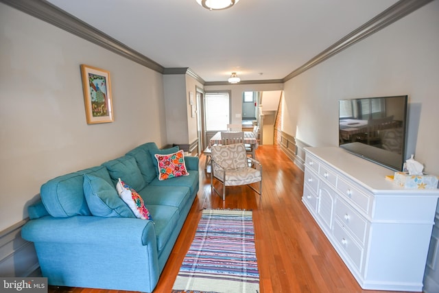 living room with light wood-type flooring and ornamental molding