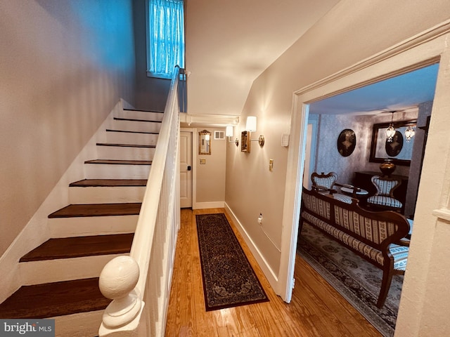 stairs with wood-type flooring