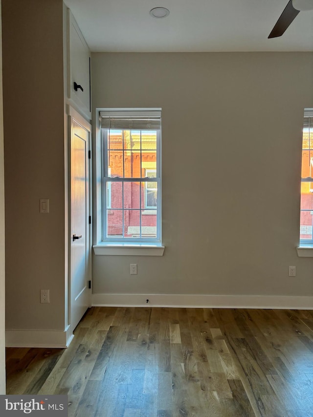 unfurnished room featuring light hardwood / wood-style floors and ceiling fan