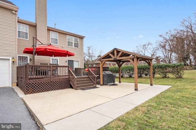 exterior space with a yard, a wooden deck, central AC unit, a gazebo, and a patio