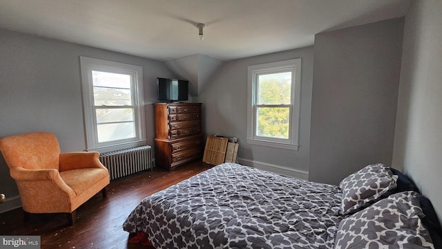 bedroom featuring lofted ceiling, dark hardwood / wood-style flooring, radiator heating unit, and multiple windows