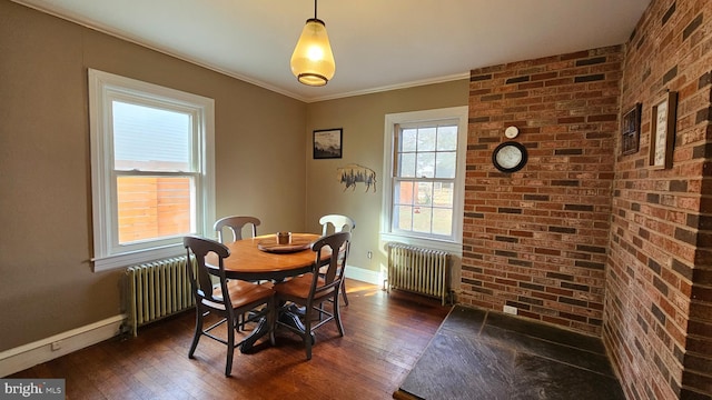 dining room featuring radiator heating unit, dark wood-type flooring, and brick wall