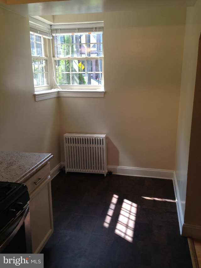 spare room with radiator heating unit and dark tile patterned floors