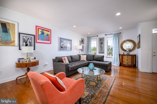 living room with wood-type flooring and ornamental molding