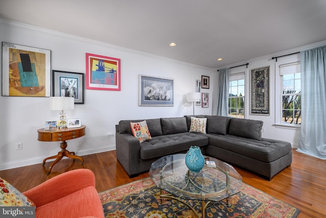 living room featuring hardwood / wood-style flooring and crown molding