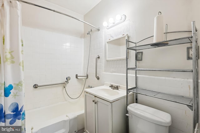 full bathroom with vanity, shower / bathtub combination with curtain, and toilet