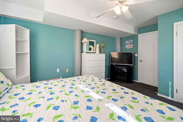 bedroom with a ceiling fan and carpet floors