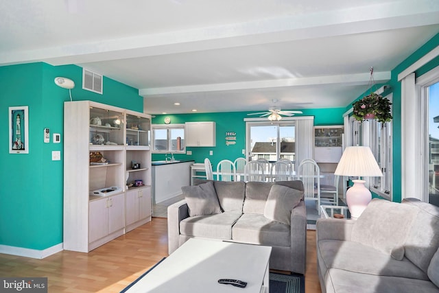 living area featuring visible vents, beam ceiling, light wood-style flooring, baseboards, and ceiling fan