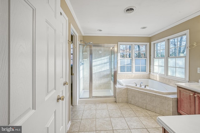 bathroom featuring shower with separate bathtub, vanity, tile patterned floors, and ornamental molding