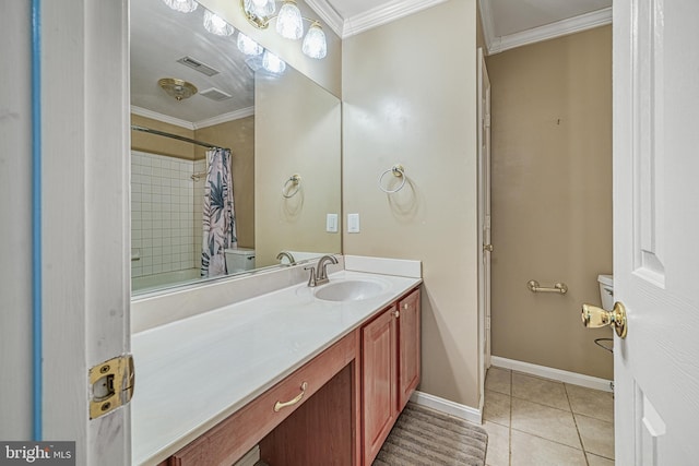 bathroom featuring vanity, tile patterned floors, a shower with curtain, crown molding, and toilet