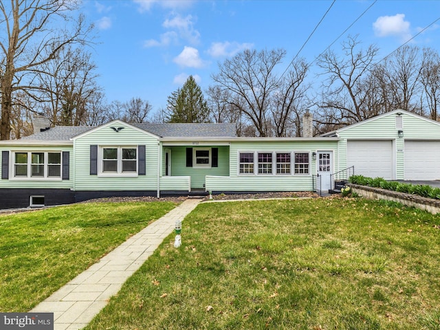 9732 Garis Shop Rd, Hagerstown, MD 21740 - ranch-style home featuring a garage, a front lawn, roof with shingles, and a chimney
