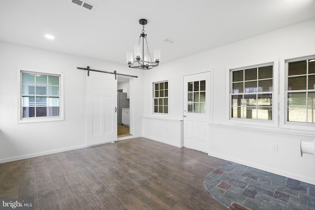 9732 Garis Shop Rd, Hagerstown, MD 21740 - unfurnished dining area with a barn door, a chandelier, dark wood finished floors, baseboards, and recessed lighting