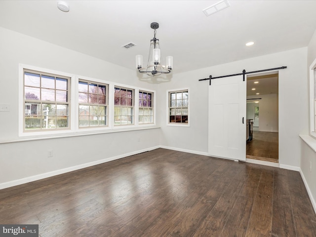 9732 Garis Shop Rd, Hagerstown, MD 21740 - unfurnished room with a barn door, a chandelier, wood finished floors, baseboards, and recessed lighting