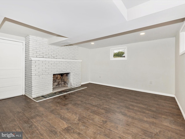 9732 Garis Shop Rd, Hagerstown, MD 21740 - unfurnished living room featuring wood finished floors, a fireplace, baseboards, beam ceiling, and recessed lighting