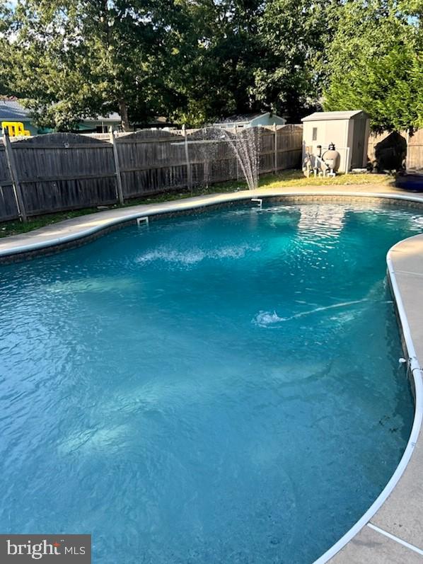 view of swimming pool with a storage unit