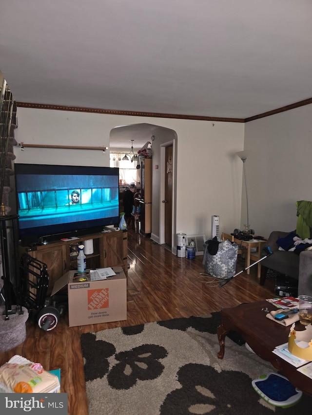 living room with hardwood / wood-style floors and ornamental molding