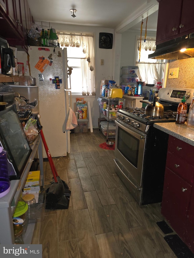 kitchen featuring dark hardwood / wood-style flooring, ventilation hood, stainless steel gas range oven, and white fridge