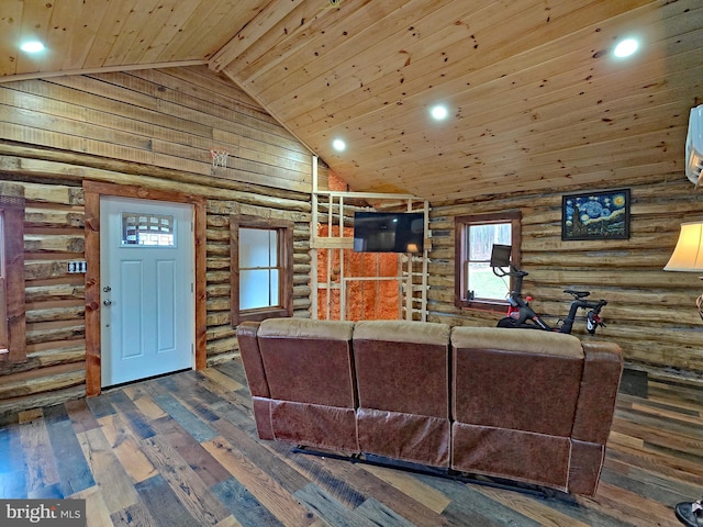 living room featuring wooden ceiling, dark wood-type flooring, high vaulted ceiling, and log walls