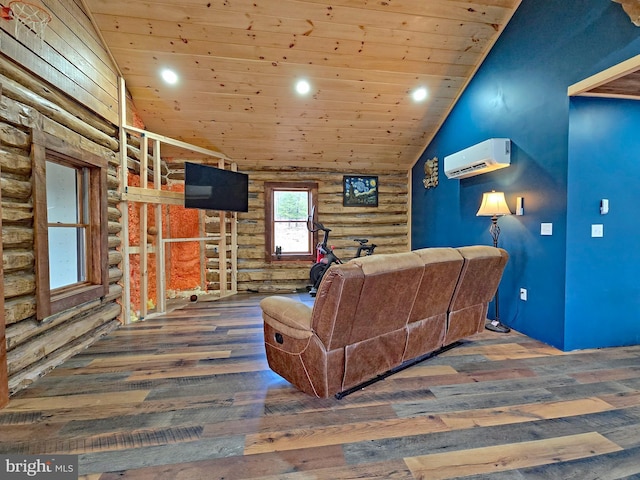 living room featuring a wall unit AC, dark wood-type flooring, high vaulted ceiling, and wood ceiling