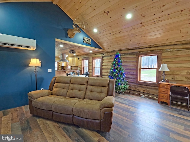 living room with rustic walls, wooden ceiling, dark wood-type flooring, high vaulted ceiling, and an AC wall unit