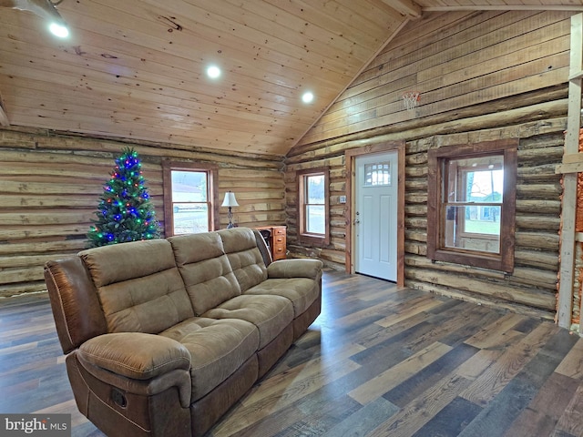 living room with rustic walls, wood ceiling, dark wood-type flooring, and high vaulted ceiling