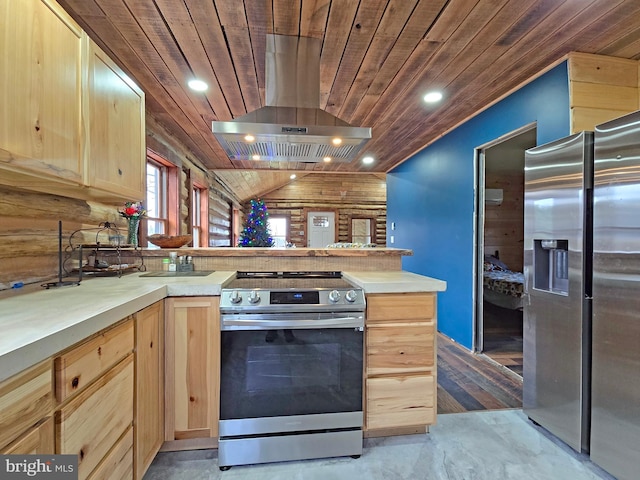 kitchen featuring island exhaust hood, stainless steel appliances, vaulted ceiling, and wooden ceiling