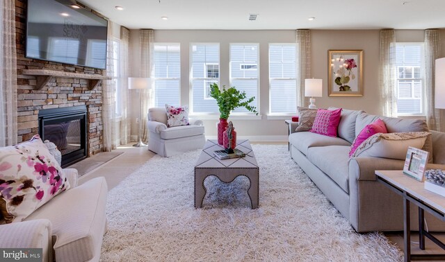 living room with a fireplace