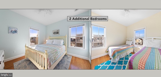 bedroom featuring ceiling fan, hardwood / wood-style floors, and lofted ceiling