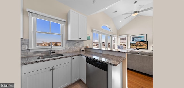 kitchen with backsplash, white cabinets, sink, stainless steel dishwasher, and kitchen peninsula