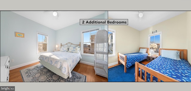 bedroom with multiple windows, ceiling fan, wood-type flooring, and lofted ceiling