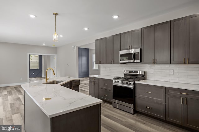 4540 Lake Rd, Newfield, NJ 08344 - kitchen with stainless steel appliances, a sink, tasteful backsplash, light wood-style floors, and a center island with sink