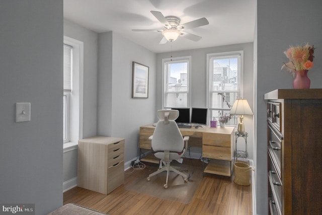 office area featuring hardwood / wood-style floors and ceiling fan